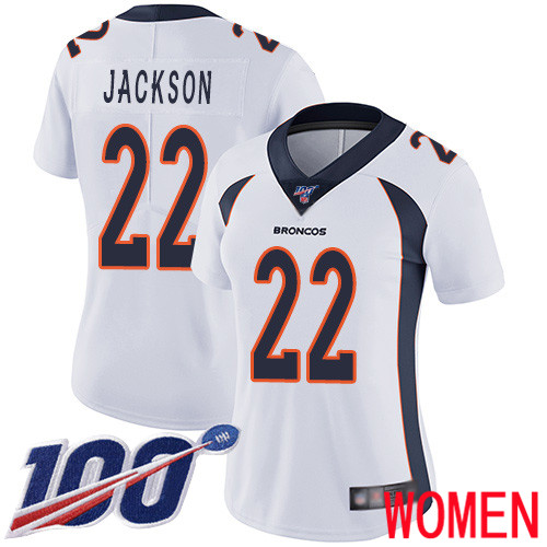 Women Denver Broncos #22 Kareem Jackson White Vapor Untouchable Limited Player 100th Season Football NFL Jersey